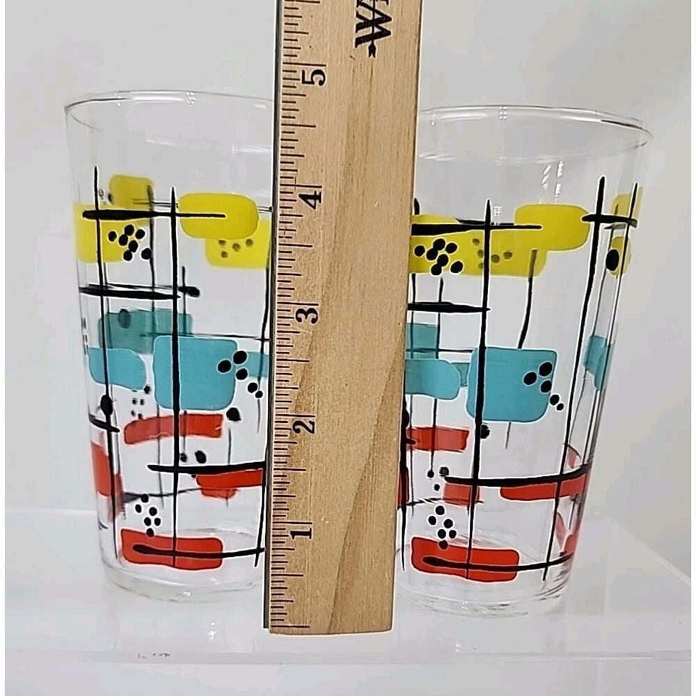 2 Federal Clear Drinking Glasses Red Teal Yellow Black 12oz Barware Tumblers MCM - Picture 3 of 4